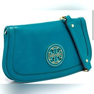 Tory Burch Teal Leather Clutch with Gold Logo